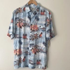 Island Shores Button Front Casual Tropial Blue  Hawaiian Shirt